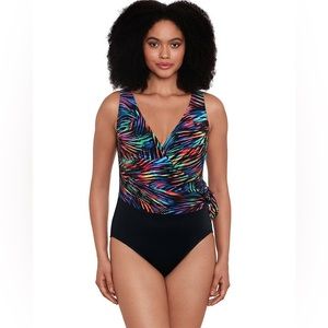 NWT 2023 Longitude Rainbow Glow Side Tie Draped Surplice Long Torso Swimsuit